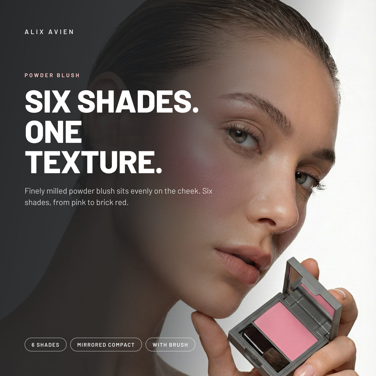 Alix Avien Lumi Color Powder Blush – model holding the mirrored compact, six shades