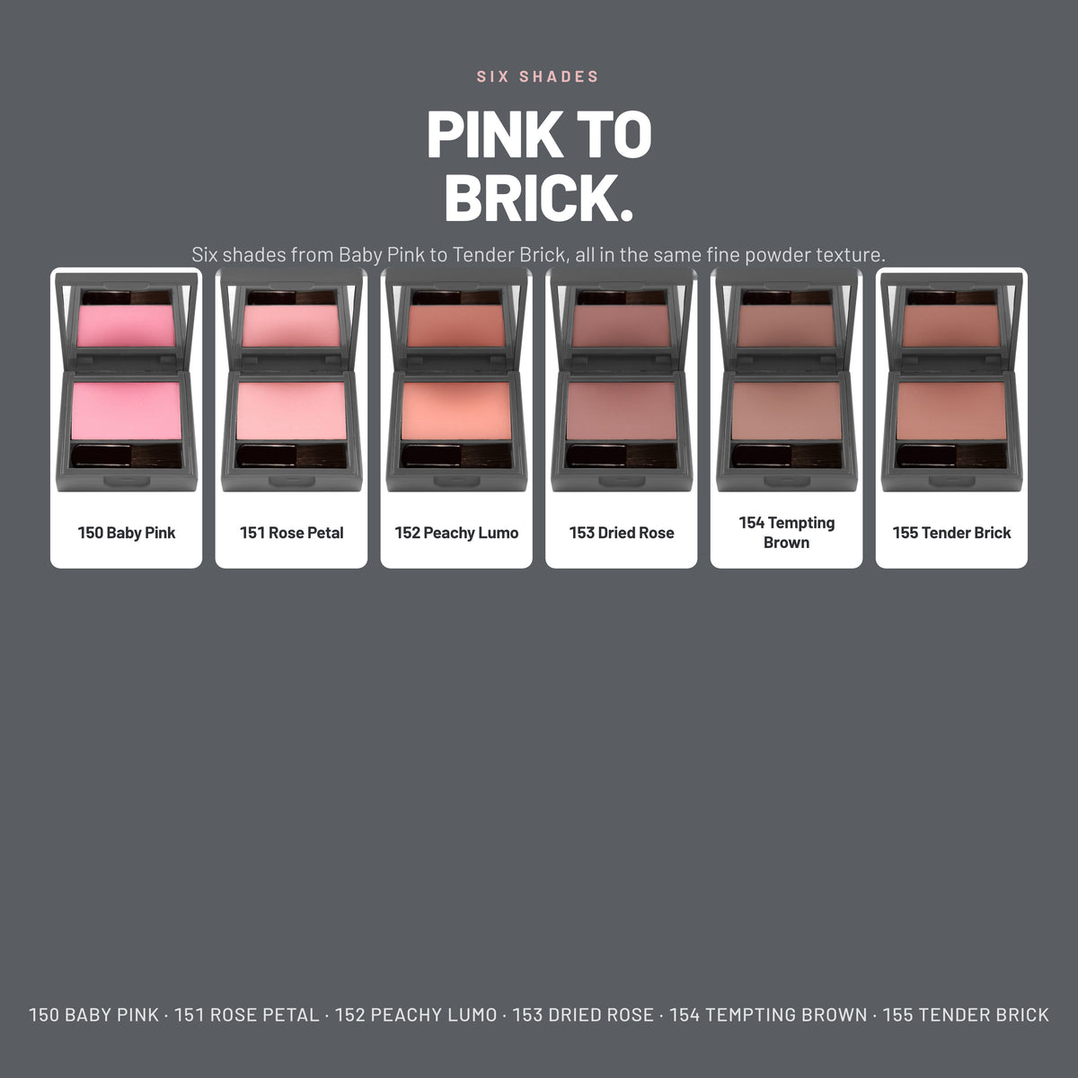 Alix Avien Lumi Color Powder Blush – all six shades from 150 Baby Pink to 155 Tender Brick