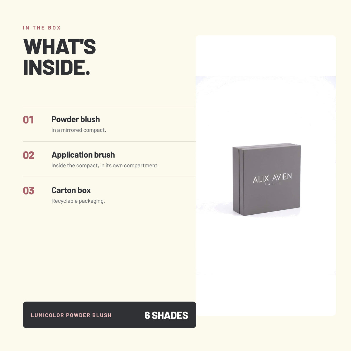 What's in the box – Alix Avien Lumi Color Powder Blush, brush and carton