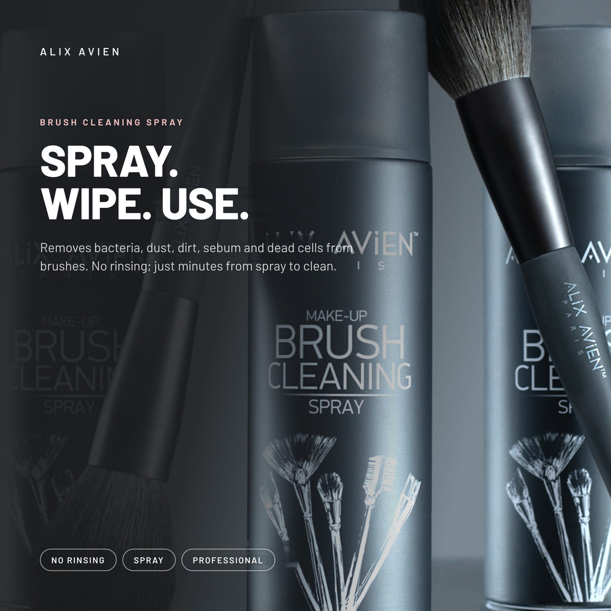 Alix Avien Makeup Brush Cleaning Spray cans with makeup brushes