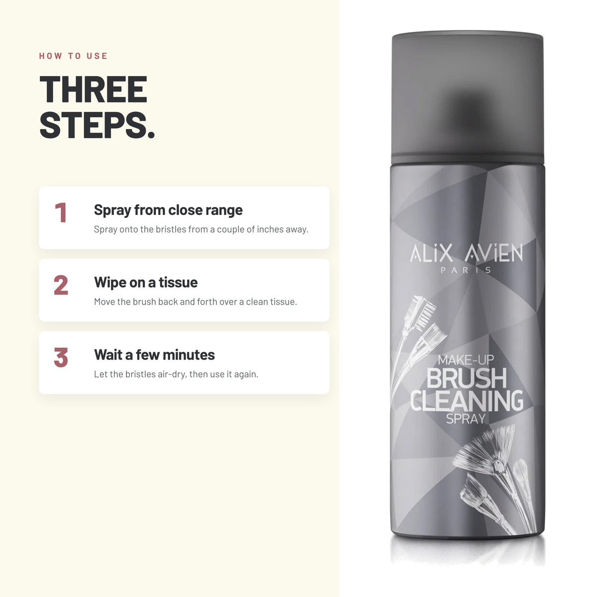 How to use Alix Avien Makeup Brush Cleaning Spray in three steps