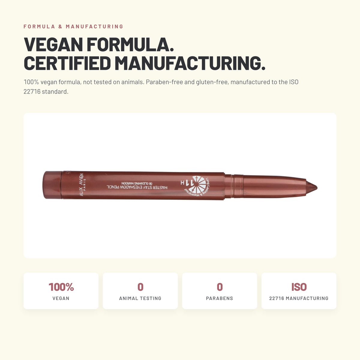 Alix Avien Master Stay Eyeshadow – vegan formula, ISO 22716 manufacturing