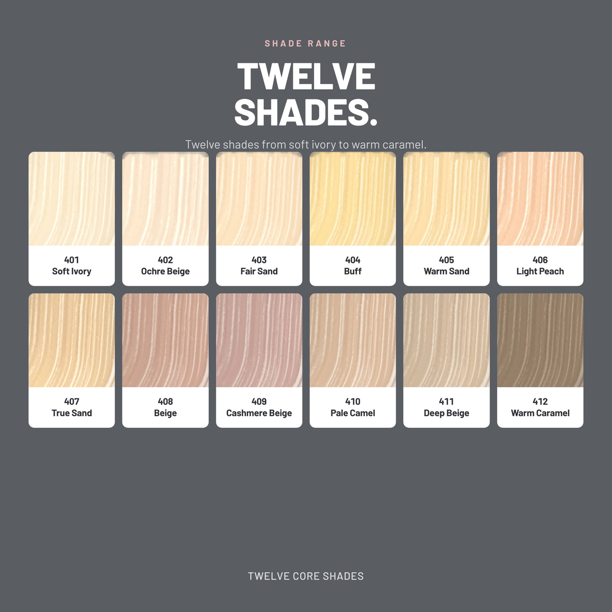 Alix Avien Matte Foundation – all 12 shades from 401 Soft Ivory to 412 Warm Caramel