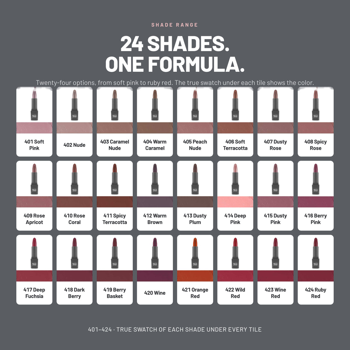 Alix Avien Matte Lipstick shades 401 to 424 with swatches