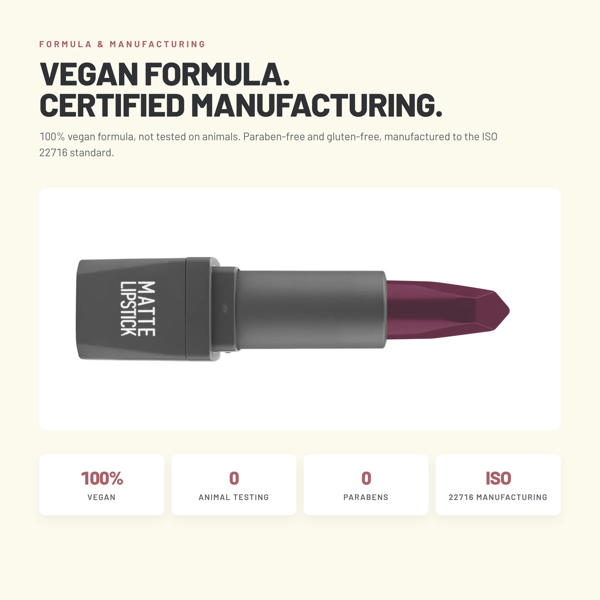 Alix Avien Matte Lipstick – vegan formula, ISO 22716 manufacturing