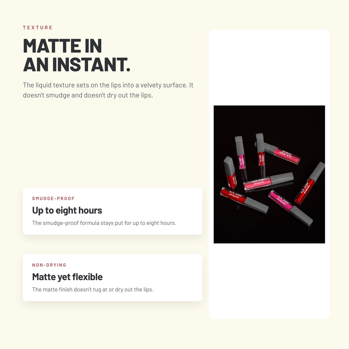Alix Avien Matte Liquid Lipstick tubes scattered on a dark background