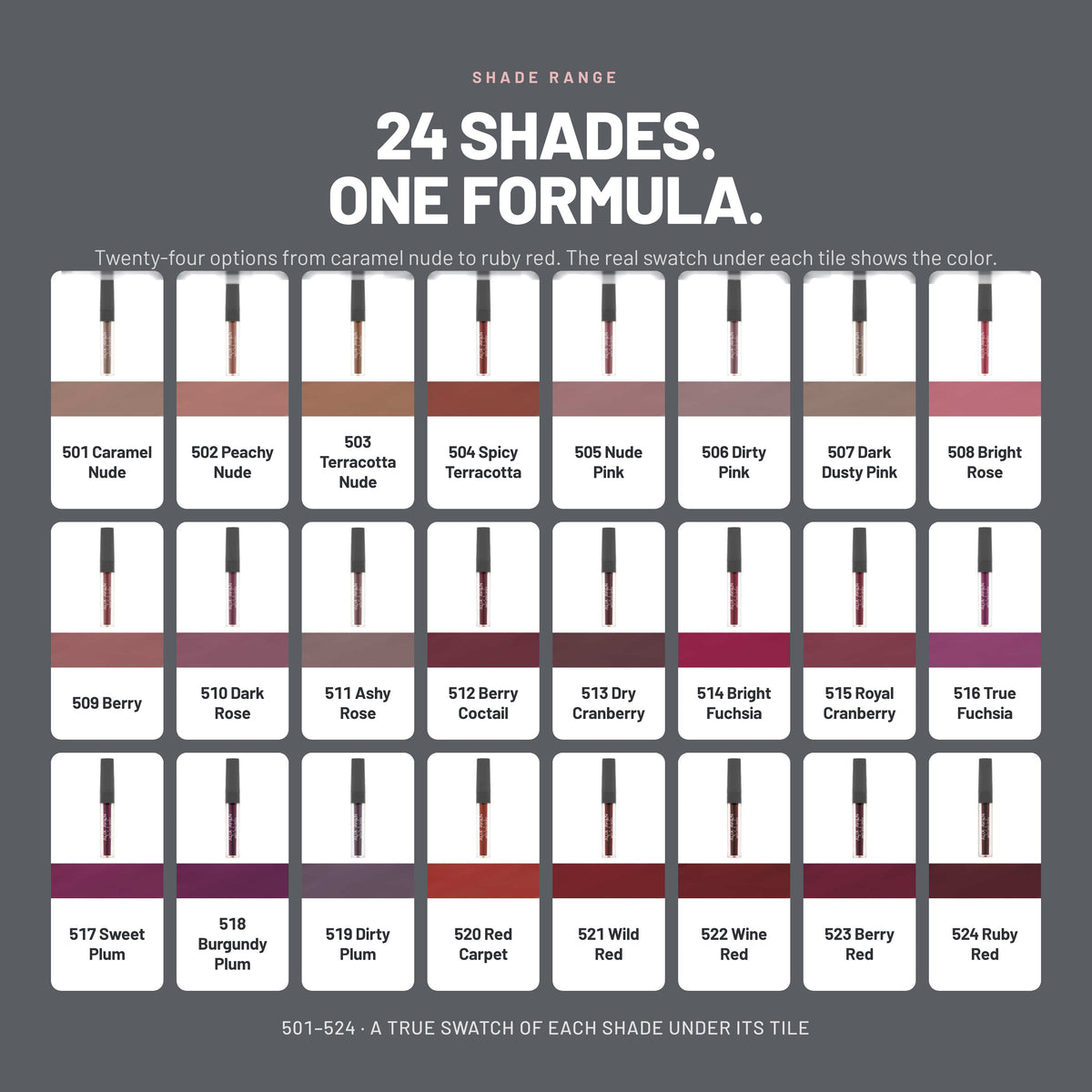 Alix Avien Matte Liquid Lipstick – all 24 shades from 501 Caramel Nude to 524 Ruby Red
