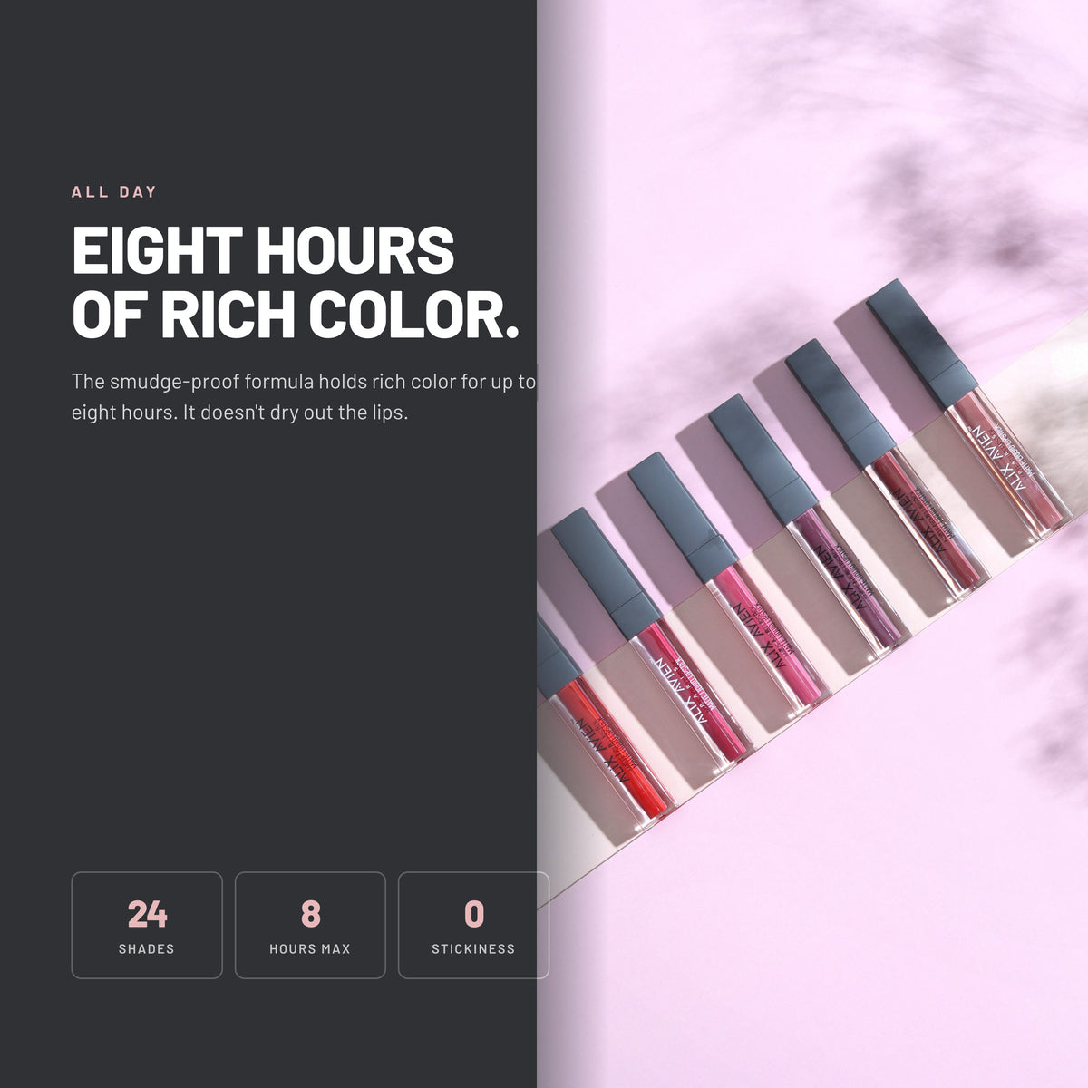 A row of Alix Avien Matte Liquid Lipstick tubes on a pink surface