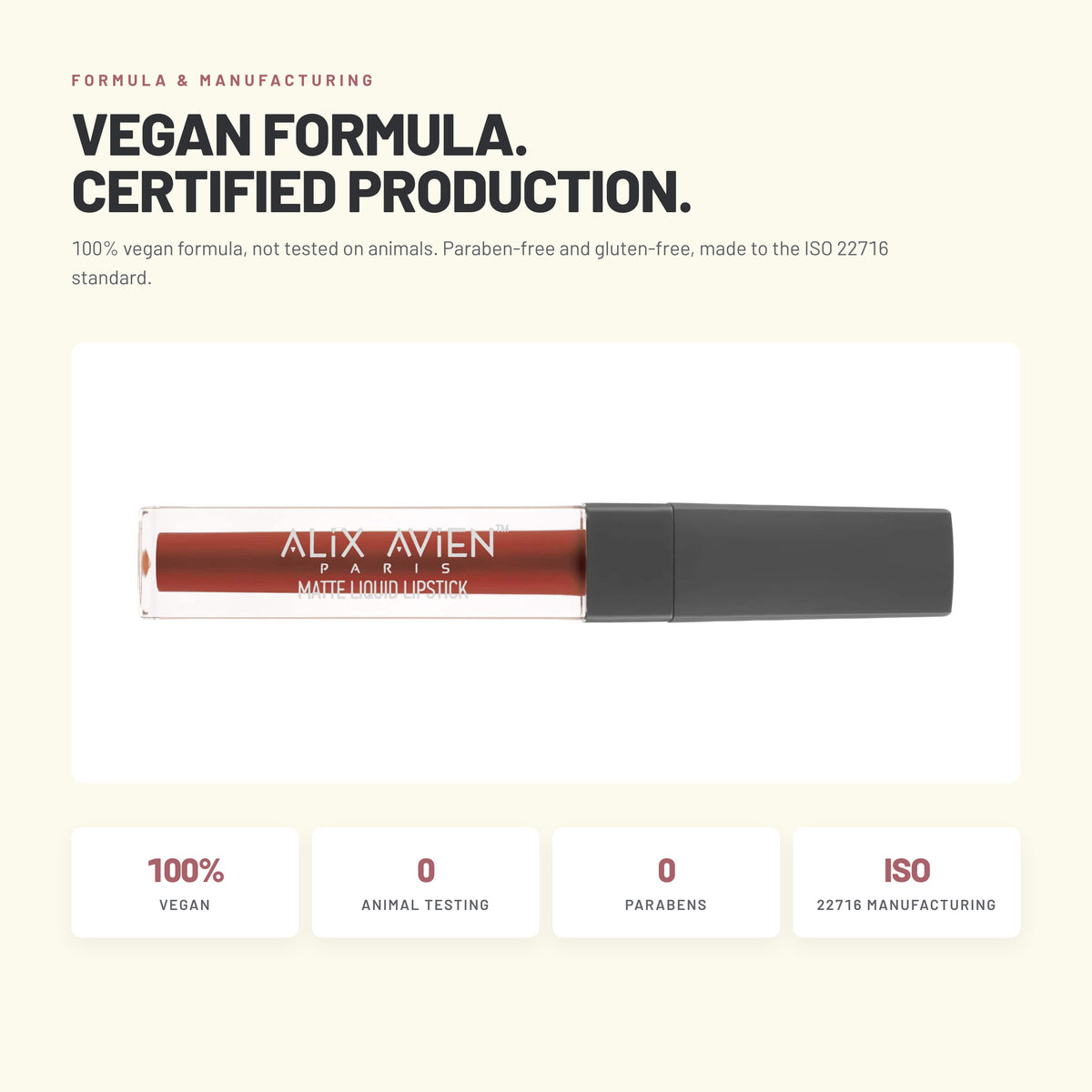 Alix Avien Matte Liquid Lipstick – vegan, paraben-free, ISO 22716