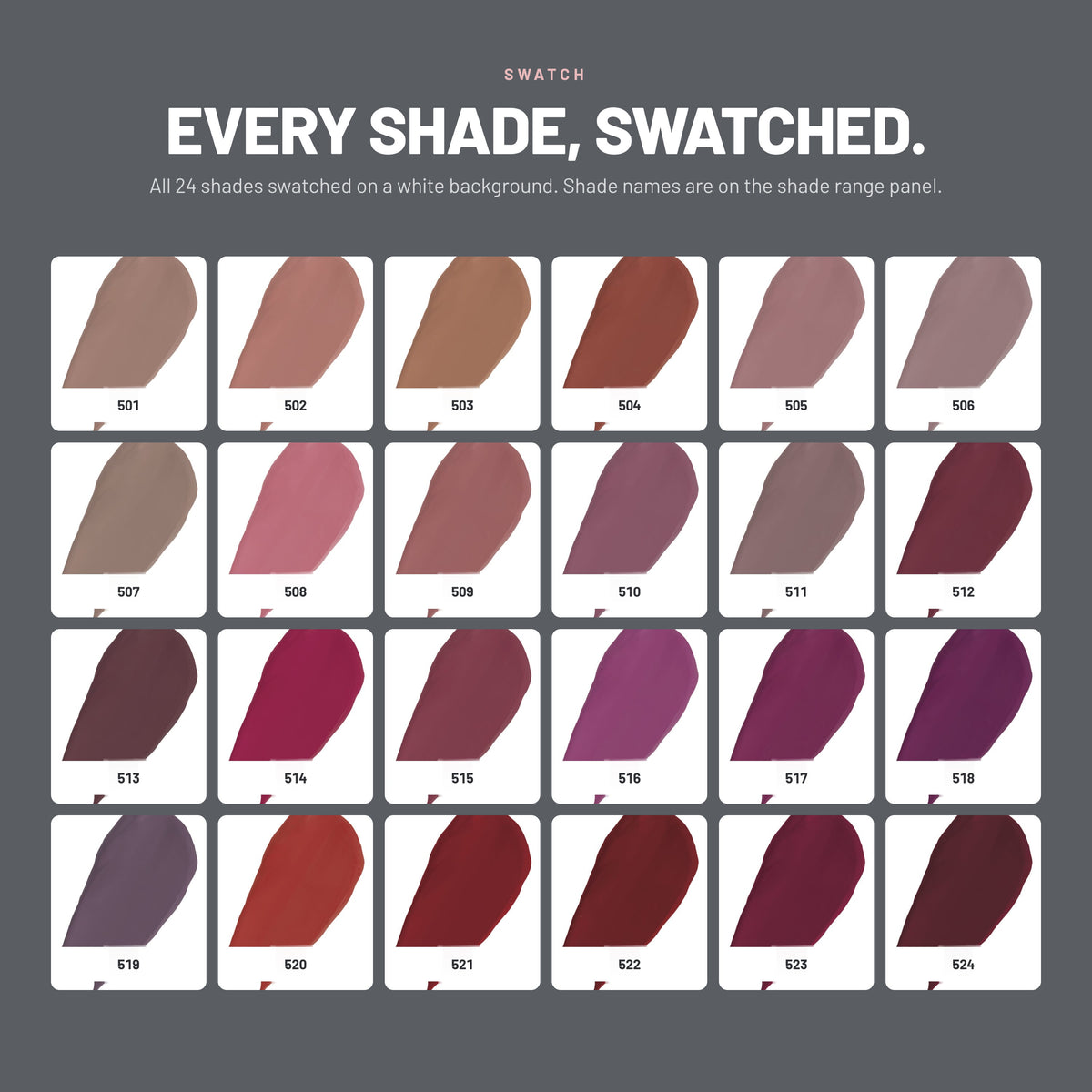 Swatches of all 24 Alix Avien Matte Liquid Lipstick shades, 501 to 524