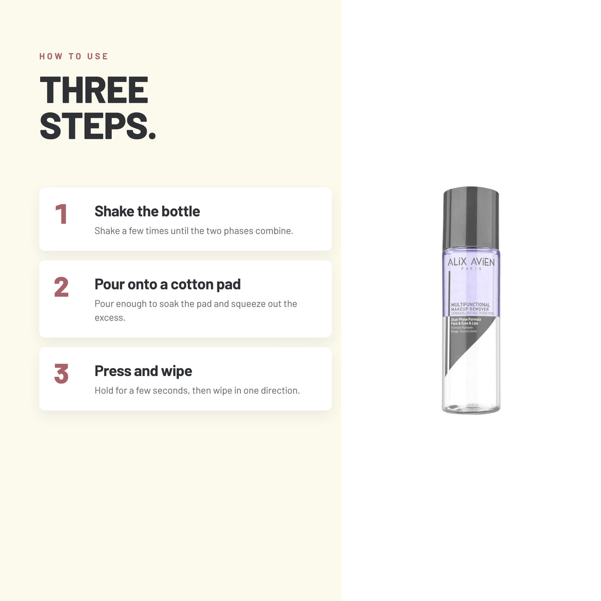 How to use Alix Avien Multi-Functional Makeup Remover in three steps