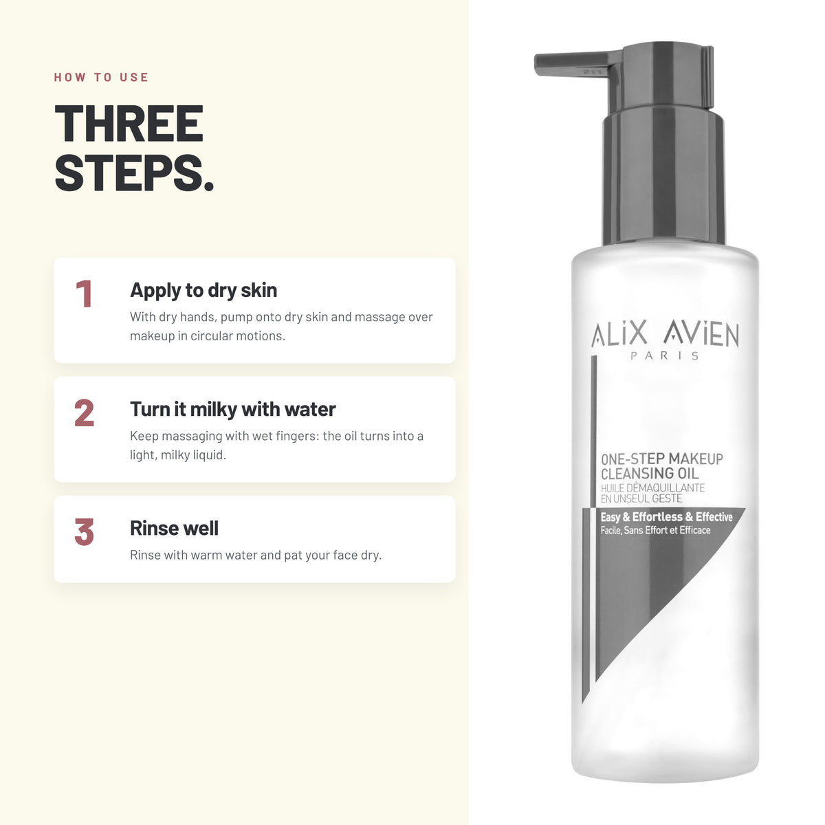 How to use Alix Avien One Step Makeup Cleansing Oil in three steps