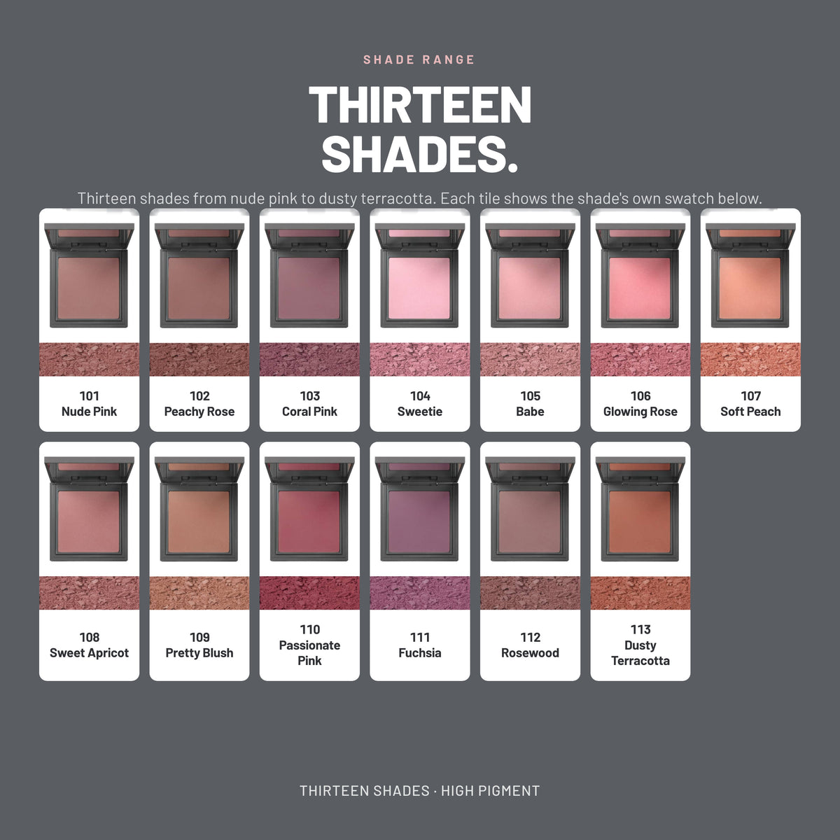 Alix Avien Powder Blush – all 13 shades from 101 Nude Pink to 113 Dusty Terracotta