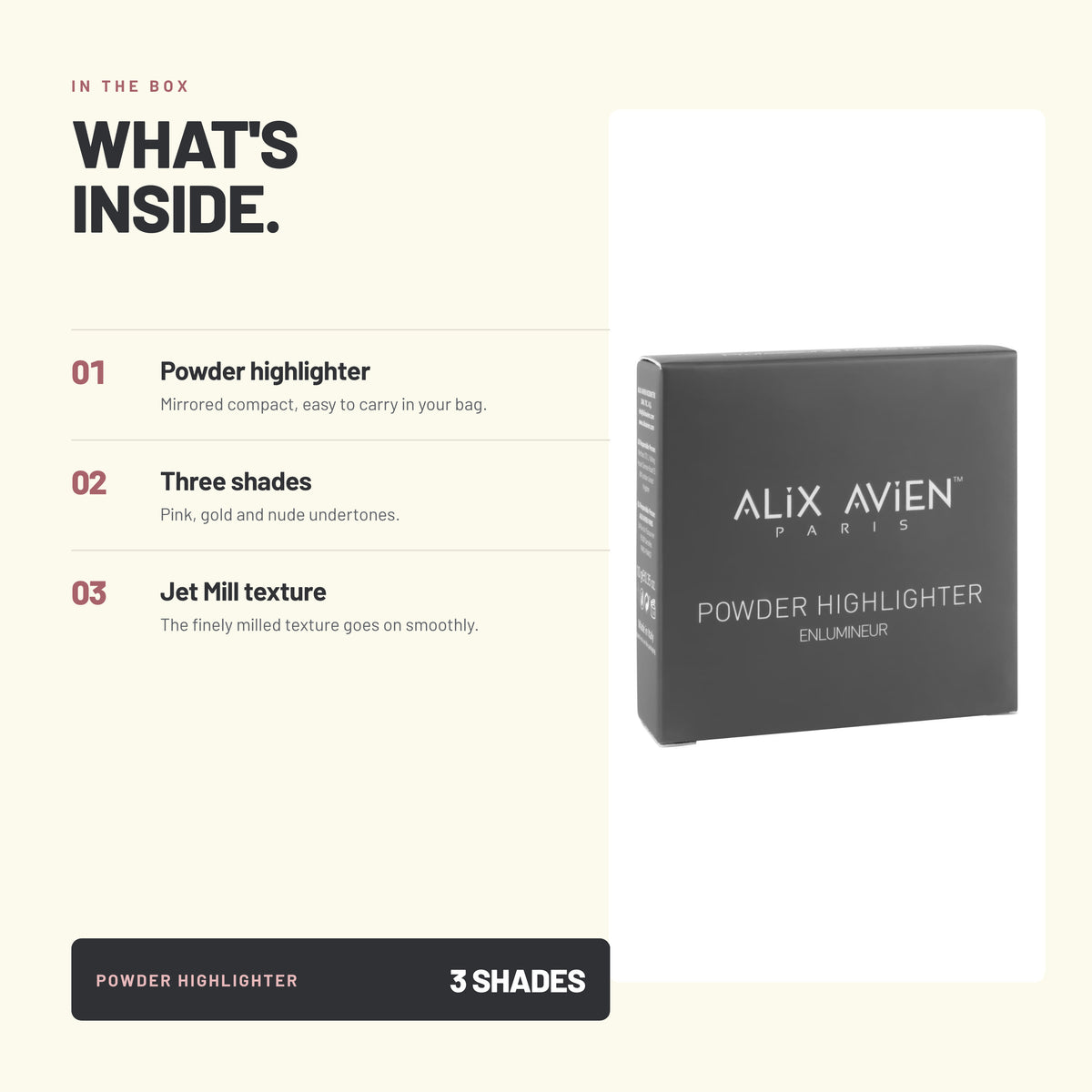 What's in the box – Alix Avien Powder Highlighter and its carton