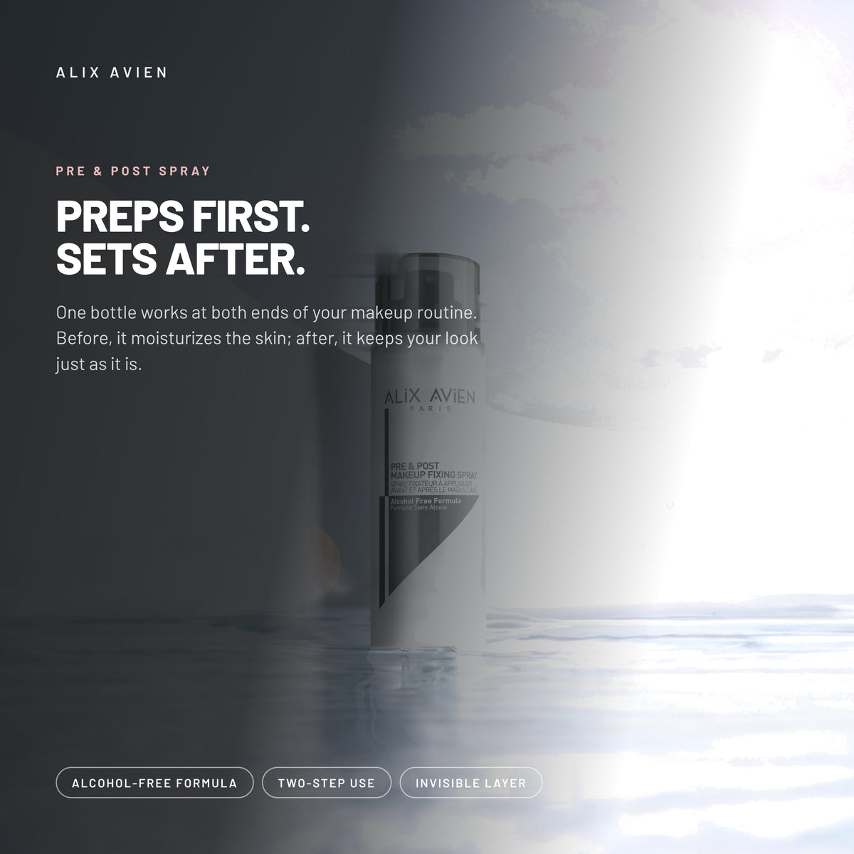 Alix Avien Pre & Post Makeup Fixing Spray bottle by the water