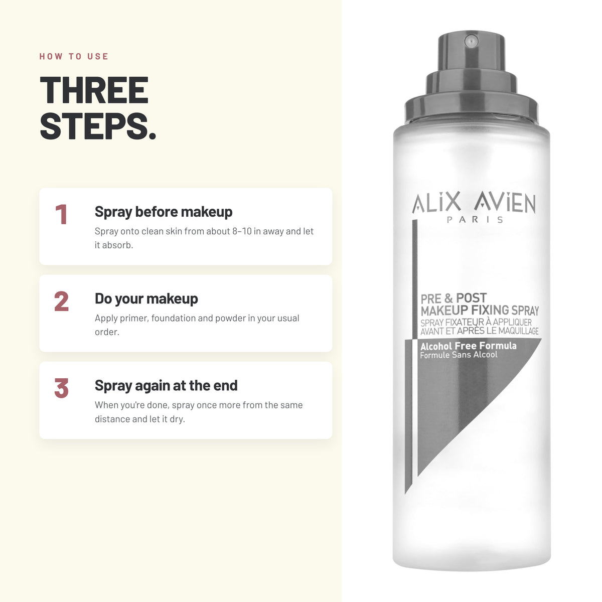 How to use Alix Avien Pre & Post Makeup Fixing Spray in three steps