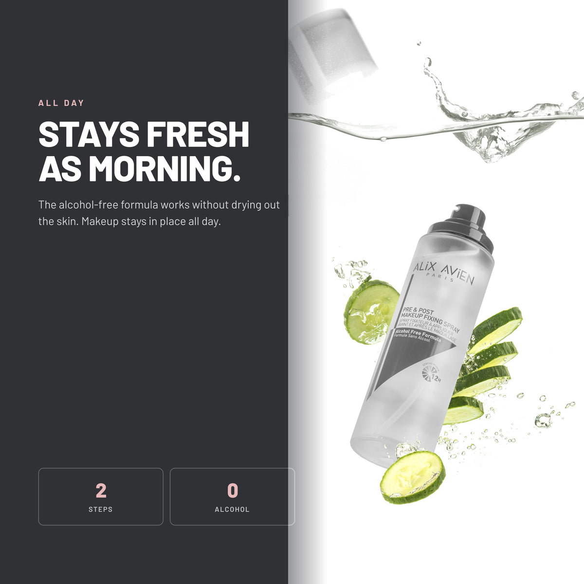 Alix Avien Pre & Post Makeup Fixing Spray with cucumber slices and water splash