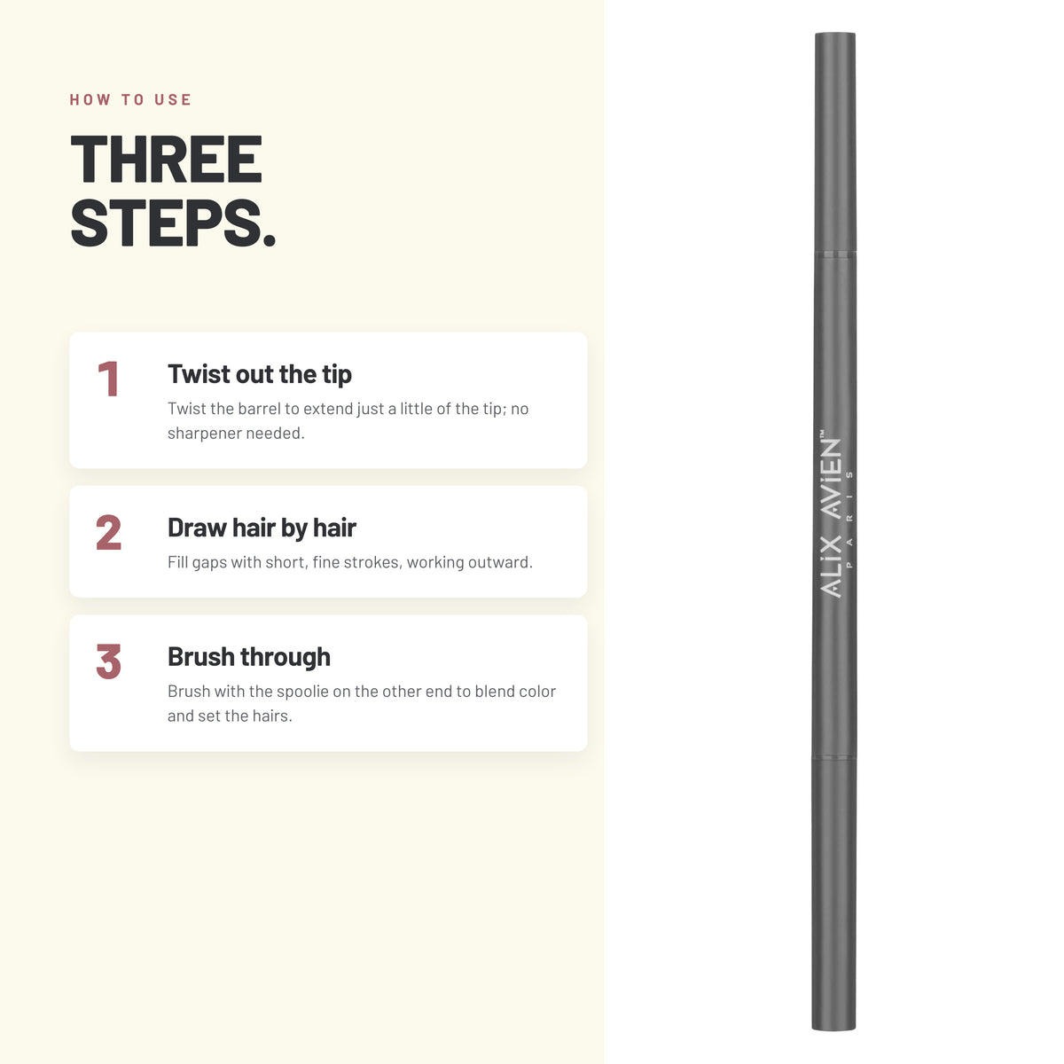 How to use Alix Avien Retractable Eyebrow Pencil in three steps