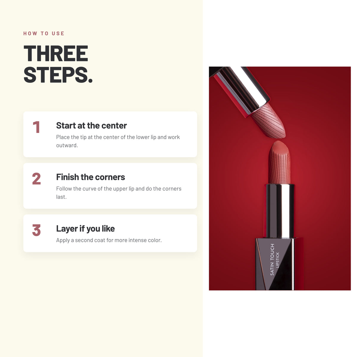 How to apply Alix Avien Satin Touch Lipstick in three steps