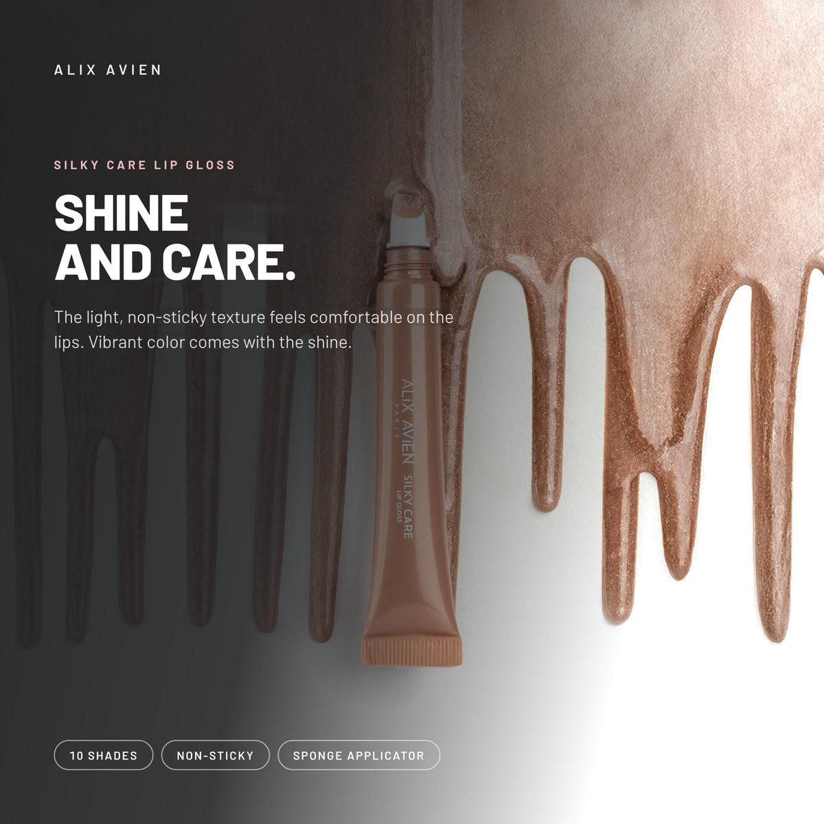 Alix Avien Silky Care Lip Gloss tube with dripping gloss