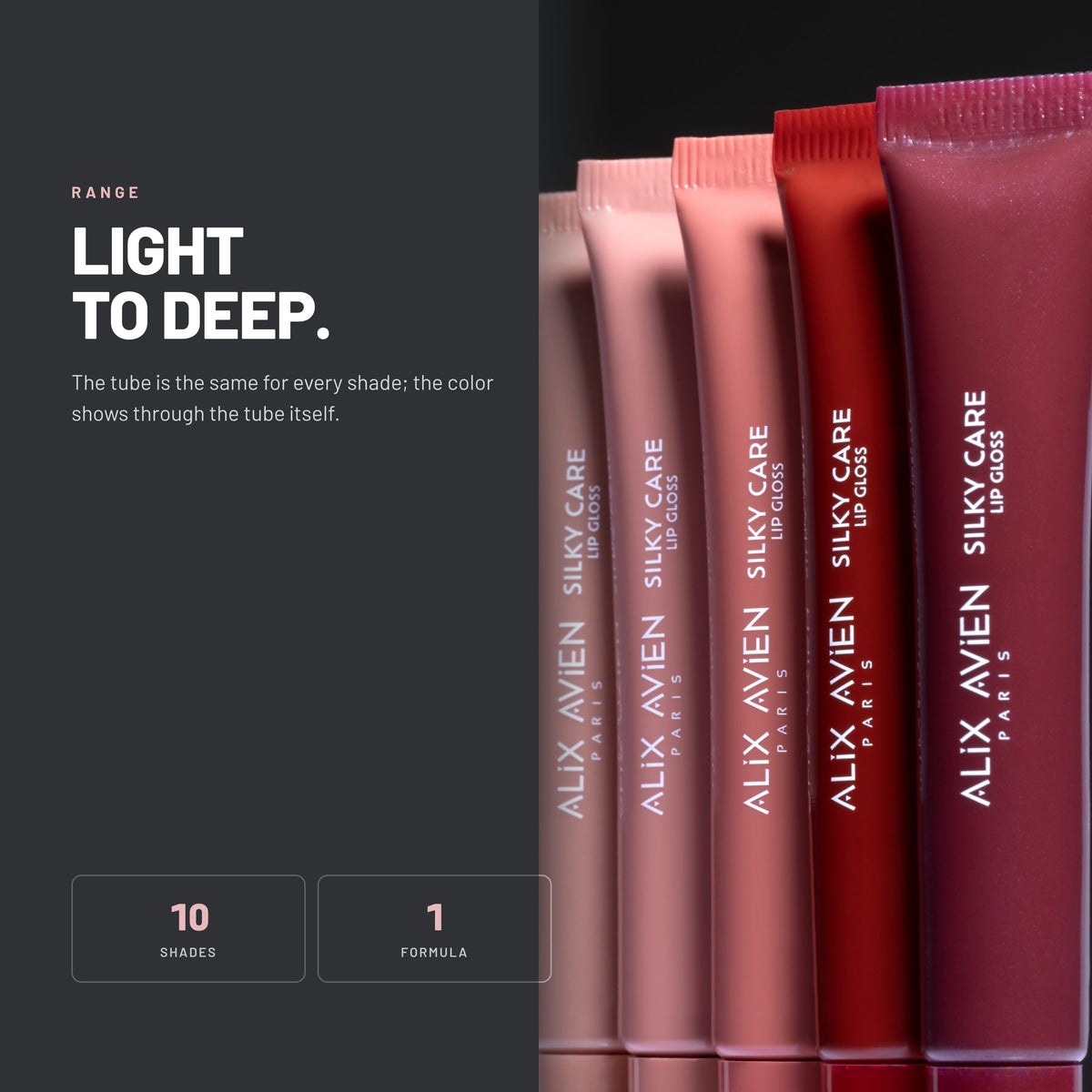 Alix Avien Silky Care Lip Gloss tubes in a row