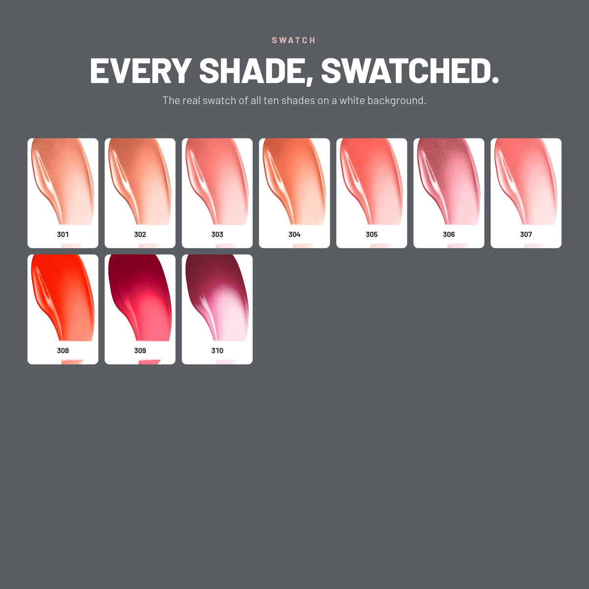 Alix Avien Silky Care Lip Gloss swatches – shades 301 to 310