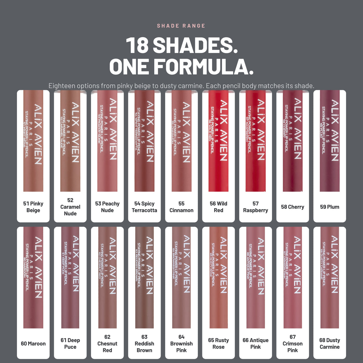 Alix Avien Staying Power Lip Pencil – all 18 shades from 51 Pinky Beige to 68 Dusty Carmine