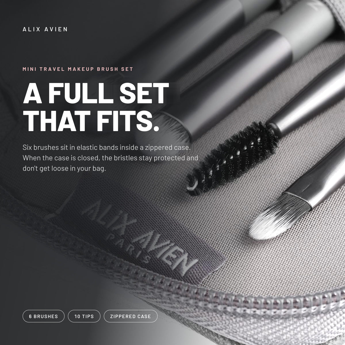 Alix Avien Mini Travel Brush Set – brushes in the open zippered case