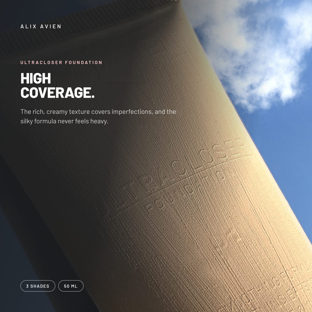 Alix Avien Ultracloser Foundation – embossed tube against the sky