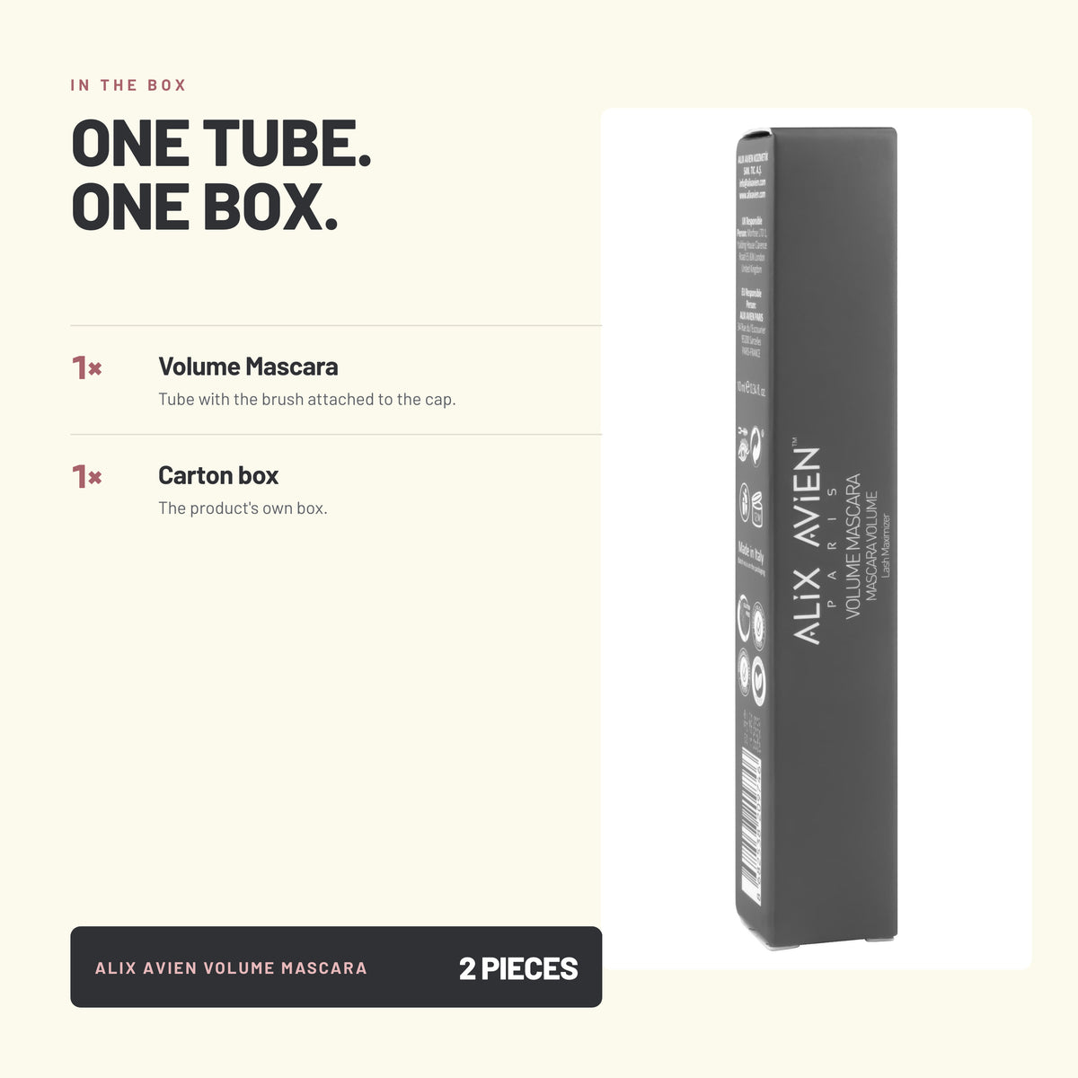 What's in the box – Alix Avien Volume Mascara and carton