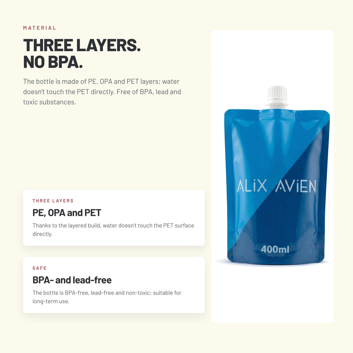 Alix Avien 400 ml foldable water bottle – three-layer PE, OPA and PET build