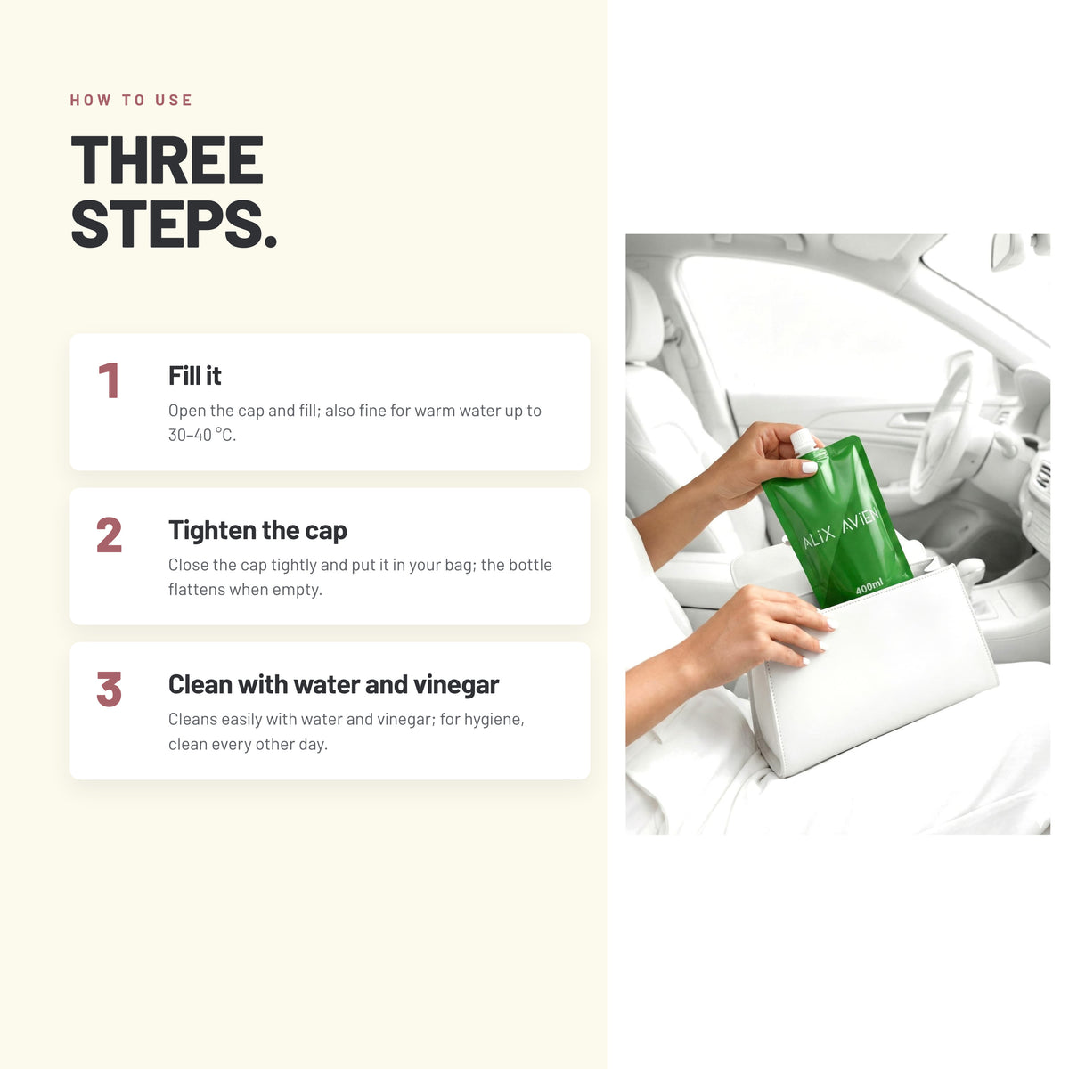 How to use the Alix Avien foldable water bottle in three steps