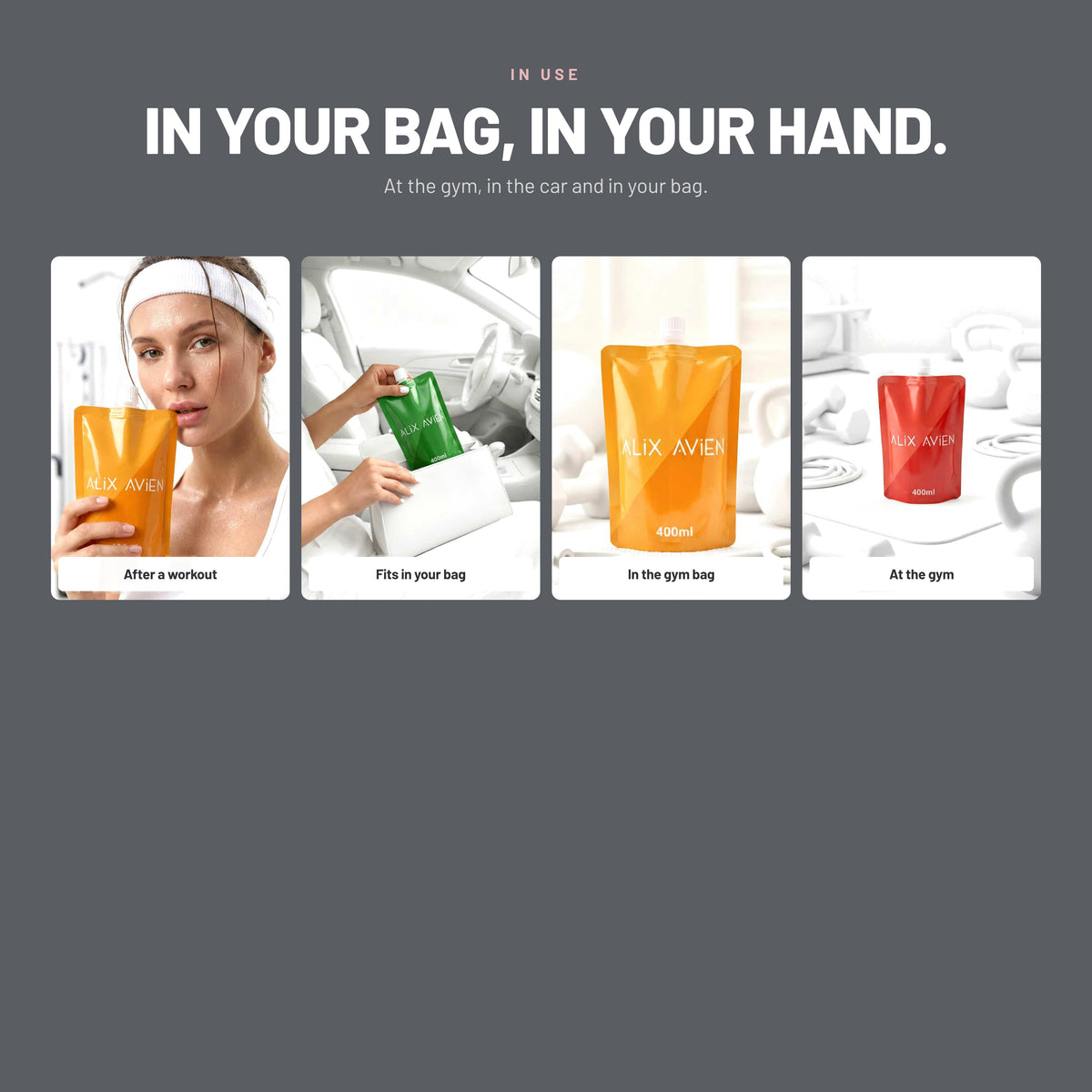 Alix Avien foldable water bottle in use at the gym, in the car and in a bag