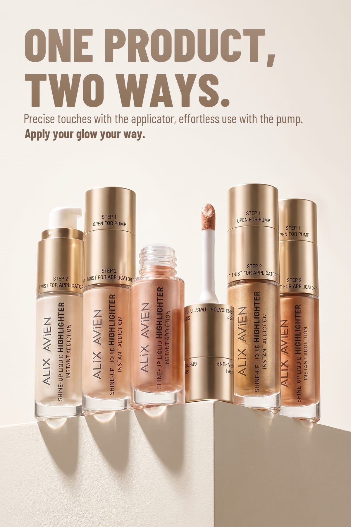 Shine-Up Liquid Highlighter, five shades: one product, two ways to apply with pump and applicator