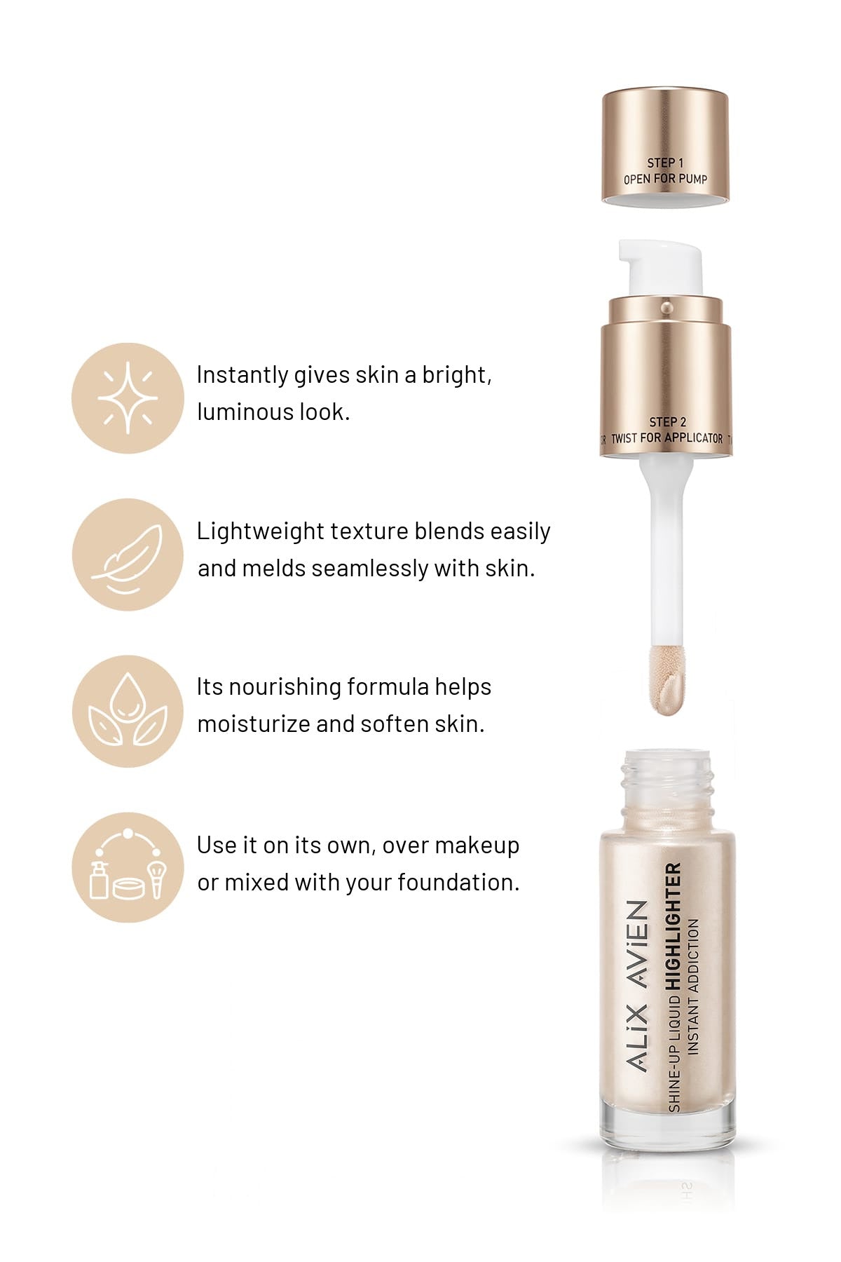 Shine-Up Liquid Highlighter with two-step cap opened: pump and applicator, with feature icons