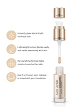 Shine-Up Liquid Highlighter with two-step cap opened: pump and applicator, with feature icons